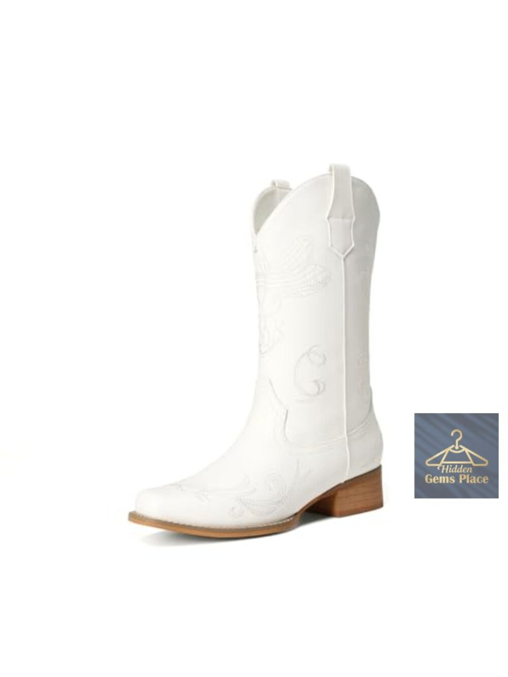 Women's Faux Leather Mid Calf Cowboy Boots Square Toe Embroidery